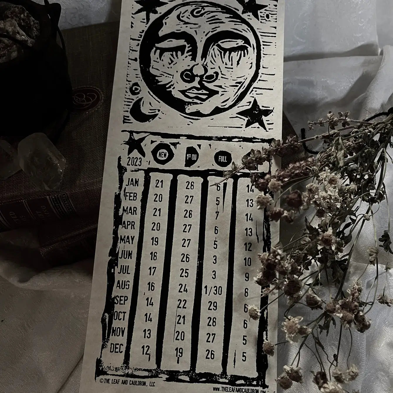 2026 Moon Phase Calendar – Hand-Printed Lino Block Design